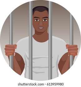 Schwarze Haut Mann hinter Gittern auf rundem Knopf einzeln auf weißem Hintergrund. Afroamerikaner im Gefängnis. Vektorgrafik des Gefangenen