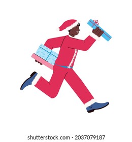 Black skin man character in red Santa costume rushing with gifts, cartoon flat vector illustration isolated on white background. Christmas shopping and sales personage.