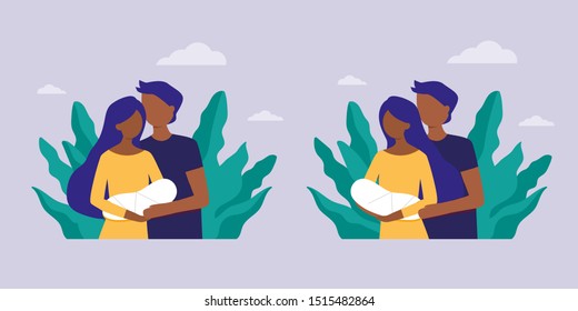 black skin mother and father with newborn baby on arms. Happy parents family concept. congratulations on a child, kids clothes. Baby shower Invitation. Mom and dad nursing baby