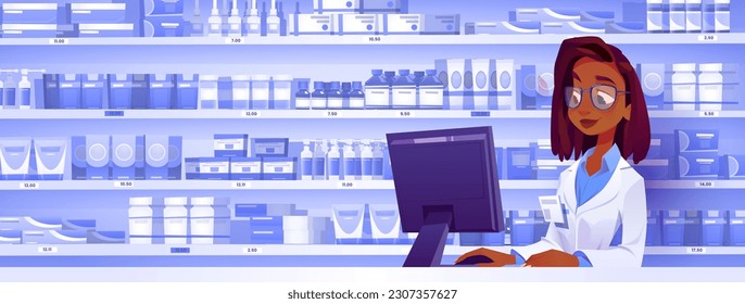 Black skin pharmacist shop counter in drugstore vector. Medical pharmacy cartoon illustration with african american seller woman, computer and shelves with drug. Different vitamin on shelf and nurse