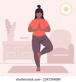 Black Skin Pregnant Woman Doing Vrikshasana Yoga At Home Vector Illustration In Flat Style