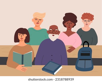 Black skin senior at a lecture in university with other young students. Inclusion old people n social life. vector illustration