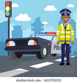 Black skin traffic police officer vector illustration