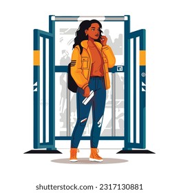 Black skin woman at the airport terminal standing with a boarding pass in her hand and a backpack before the security check, vector illustration