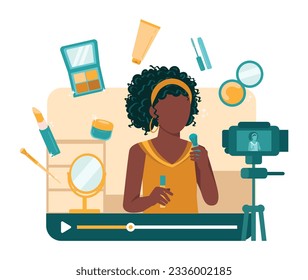 Black skin woman beauty blogger recording makeup tutorial video for her vlog. Woman talking and showing cosmetic products in front of camera. Colored flat vector illustration of vlogger isolated