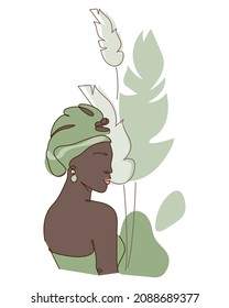 Black skin woman body silhouette in traditional hair hat. Beauty ethnic character of African, American with simple shapes and plant vector illustration in flat design