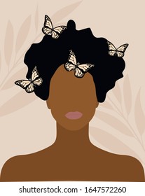 black skin woman with butterflies on her hair fashion illustration