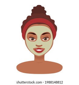 Black skin woman face. Home spa. Skin care illustration. Woman applies facial mask. Young girl doing beauty treatment. Pretty girl face with skincare treatments. 