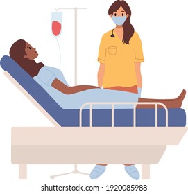 Black Skin Woman Lying In The Hospital Bed, Donate Blood With Dropper, Blood Transfusion Station. Female Doctor Or Nurse In Face Mask Talking To Patient. Volunteer Donating Blood, Blood Test