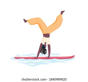 Black skin woman in summer clothes practicing handstand on paddleboard. Sup board yoga on water. Hand drawn flat vector illustration.