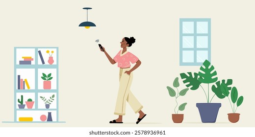 Black skin woman using smartphone to control smart light in cozy home with plants and shelves. Modern home automation concept. Vector illustration.