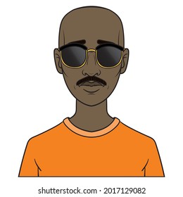 black skinned comic avatar with bald head and sunglasses.