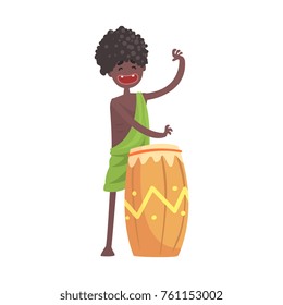 Black skinned man aborigine playing on ethnic drum