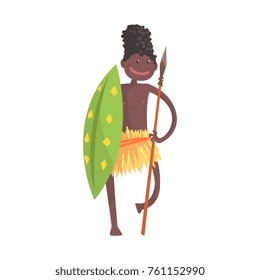 Black skinned man aborigine warrior with spear and shield