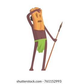 Black skinned man aborigine warrior with weapon and wooden mask