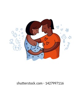 Black Skinned Man And Pregnant Dark Skinned Woman In Love Hugging. Vector Colorful Contour Flat Illustration. Future Happy Parents. Happiness, Childbirth, Pregnancy. Great Print, Card. Family Planning