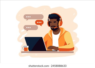 Hombre de piel negra sentado con la computadora portátil. Concepto de trabajo a distancia, estudiar, educación, trabajo desde casa. Plano. Ilustración vectorial