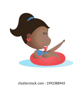 Black skinned woman with a cocktail on a pink swimming ring, pool party. Vector cartoon illustration