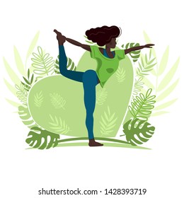Black skinny girl doing yoga. Asana of balance and meditation. Exercises for weight loss, muscle strengthening, stretching. Sports and outdoor recreation in the summer. Active lifestyle. Vector.