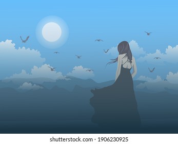 Black Skirt Woman Standing On The Hill Looking At The Mountain With Moon And Blue Sky Background.