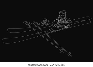 Black skis and white ski poles create a striking contrast on a dark background. The minimalist composition highlights winter sports equipment with clean lines and bold colors.