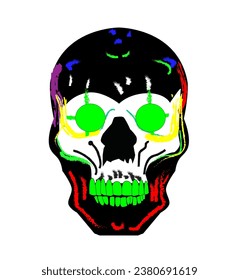 Black skull with blue and neon green, vivid hand draw vector illustration 