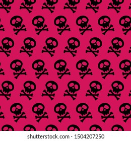 black Skull and bones crossed. Vector illustration. Seamless Crimson background. poison. goths, emo culture. halloween design and decoration