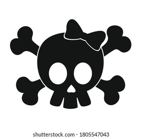 Black Skull With Bow Vector Illustration Isolated On White Background.Skull Emoticon.Bones Vector. Skull Clipart.