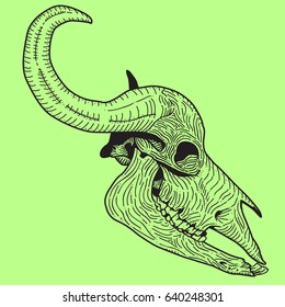 black skull of a bull on a green background, for printing on T-shirts, website design element, tattoo salon mobile application, vector graphics, pinpoint work sketch