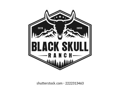 Black skull cow head logo design horns animal mountain background hunter icon cowboy ranch