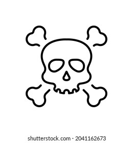 Black Skull with Crossbones for Celebration Halloween Line Icon. Skeleton Face with Cross Bones Linear Pictogram. Danger, Poison, Toxic, Biohazard Outline Icon. Editable Stroke. Vector Illustration.