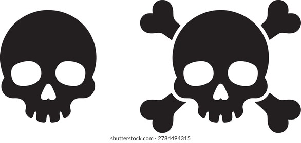 Black skull and crossbones icon set, featuring a menacing design to symbolize danger, poison, piracy, and warnings. These vector illustrations are perfect for signs, labels, games, and halloween themes, offering a clear visual representation of hazards or adventurous themes.