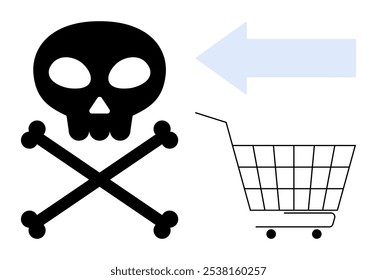 Black skull and crossbones next to a white shopping cart with an arrow pointing left. Ideal for caution, consumer awareness, shopping, health risks, and warnings-related themes. Simple vector style