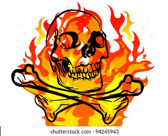Black skull and crossbones on fiery background