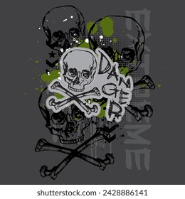Black skull and crossbones vector illustrations with a layered splatter and skull background design. Apparel graphic artwork. Punk rock graffiti style.