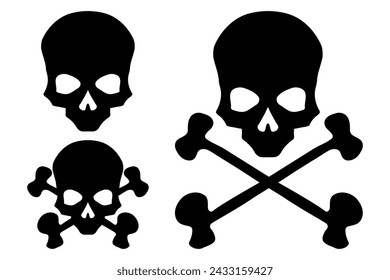 Black skull with crossed bones icon illustration. Comic style. T-shirt print for Horror or Halloween. Hand drawing illustration isolated on white background. Vector EPS 10.