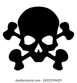 Black skull with crossed bones icon illustration. Comic style. T-shirt print for Horror or Halloween. Hand drawing illustration isolated on white background. Vector EPS 10.