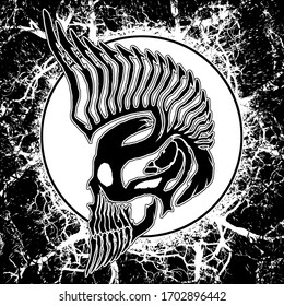 Black skull in the dark, gothic style with sharp beard and big iroquois or crest on the head, with pattern, on white circle with white texture and splashes in the background in profile, abstract, logo