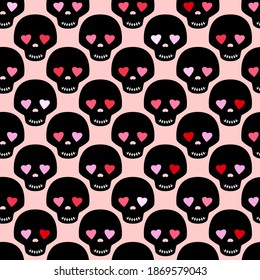 Black skull with eyes like a hearts. Funny romantic seamless pattern. Pattern for fabric or wrapping paper design.