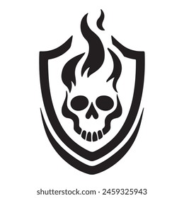 Black skull with flames on a shield. Ideal for branding, tattoos, stickers. Vector logo design, emblem symbolizing protection and danger