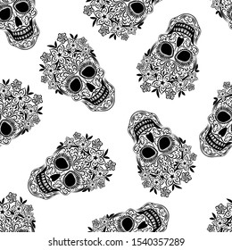 Black skull with flowers from the line ornament vector seamless pattern. Stylized skull seamless texture. Halloween. Day of the Dead holiday. Mexico. Textiles, wrapping paper, wallpaper design.
