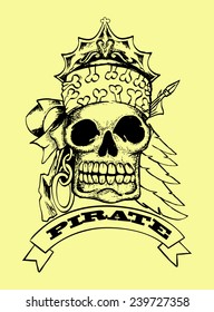 black skull hand draw with pirate text isolated on yellow