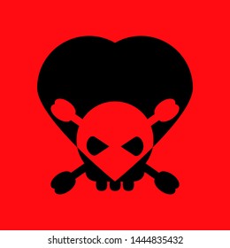 Black skull and heart on a red background, vector