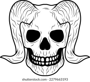 Black skull with horns horror vector illustration. Halloween design