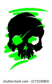 Black skull icon illustration. Comic style. T-shirt print for Horror or Halloween. Hand drawing illustration isolated on white background. Vector EPS 10