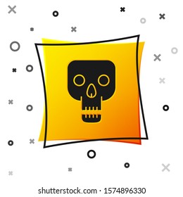 Black Skull icon isolated on white background. Happy Halloween party. Yellow square button. Vector Illustration