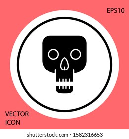 Black Skull icon isolated on red background. Happy Halloween party. White circle button. Vector Illustration