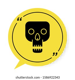 Black Skull icon isolated on white background. Happy Halloween party. Yellow speech bubble symbol. Vector Illustration