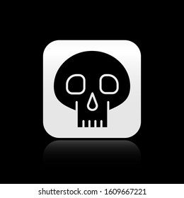 Black Skull icon isolated on black background. Silver square button. Vector Illustration