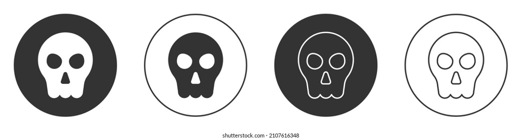 Black Skull icon isolated on white background. Happy Halloween party. Circle button. Vector